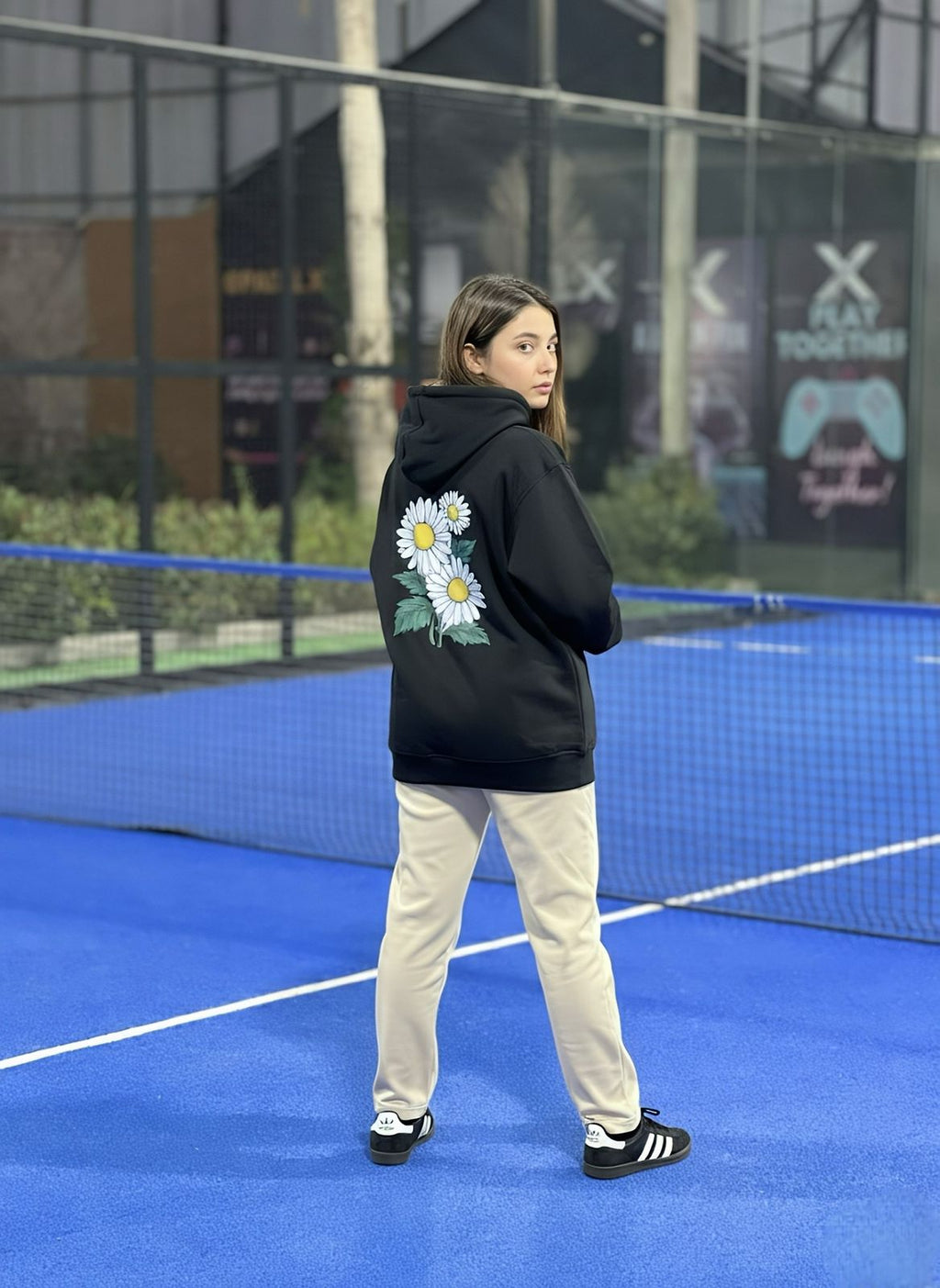 Daisy Print Black Oversized Hoodie